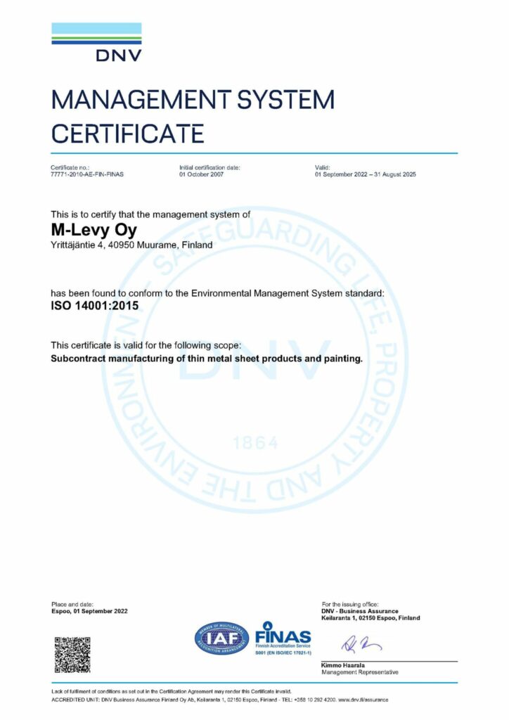 M-Levy Oy:n ISO-14001 sertifikaatti